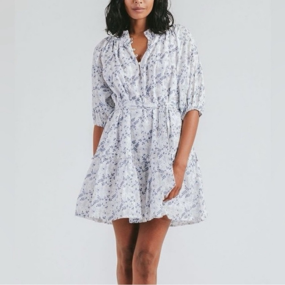 Cleobella Nevah Mini Dress | White and Blue Killarney Print | Size S